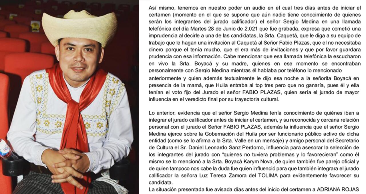 Sergio Medina, bailarín de Bambuco y contratista de la Gobernación del Huila, es acusado en una carta por varias candidatas al reinado de haber influenciado a los jurados días antes para elegir a la señorita Tolima como Reina y a la señorita Huila como Virreina.