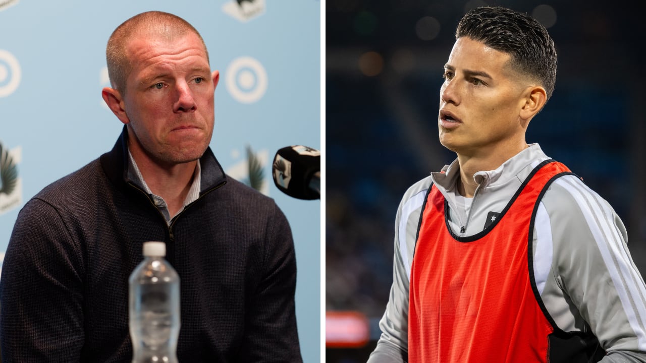 Cameron Knowles (izq.), entrenador del Minnesota United, mencionó por qué James Rodríguez (der.) casi no tiene tiempo de juego.