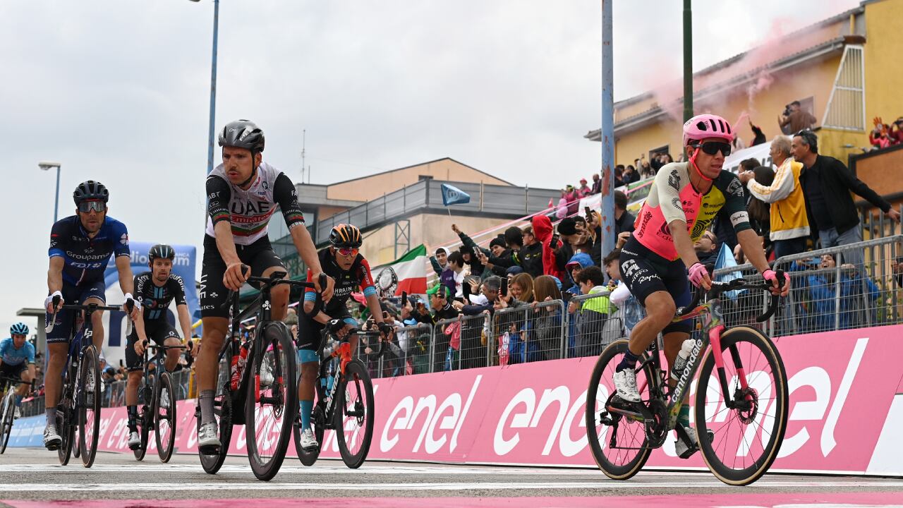 MELFI, ITALY - MAY 08: (L-R) Thibaut Pinot of France and Team Groupama - FDJ, João Almeida of Portugal and UAE Team Emirates, Santiago Buitrago of Colombia and Team Bahrain - Victoriousand Rigoberto Urán of Colombia and Team EF Education-EasyPost cross the finish line during the 106th Giro d'Italia 2023, Stage 3 a 213km stage from Vasto to Melfi 532m / #UCIWT / on May 08, 2023 in Melfi, Italy. (Photo by Getty Images/Stuart Franklin,)