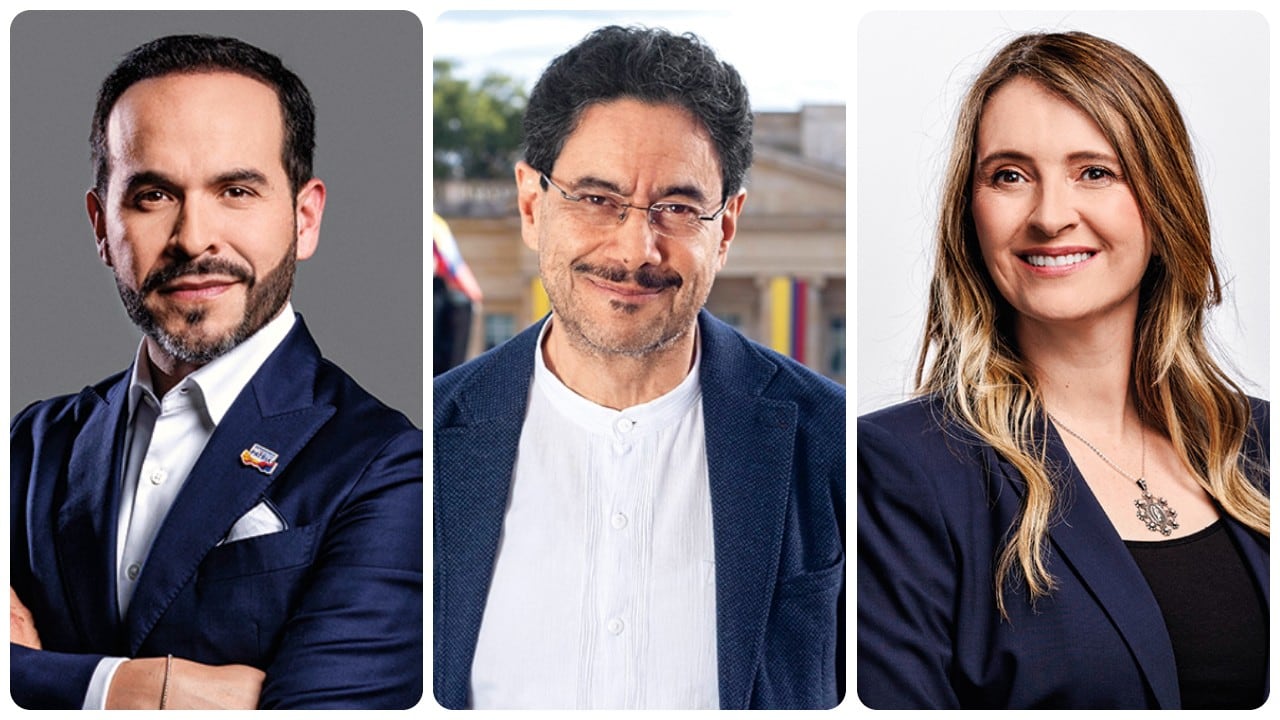 Los candidatos presidenciales del movimiento Defensores de la Patria, Abelardo de la Espriella; del Pacto Histórico, Iván Cepeda; y del Centro Democrático, Paloma Valencia.