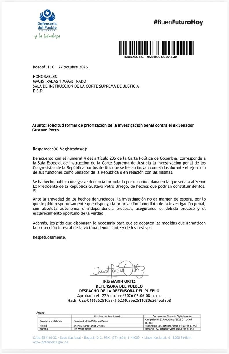 Esta es la carta enviada por la defensora del Pueblo.