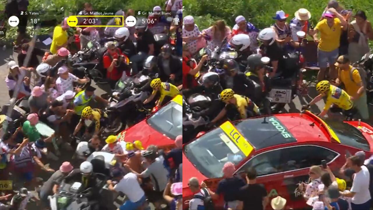 Momento en el que un auto y una moto obstaculizan el paso de los ciclistas.