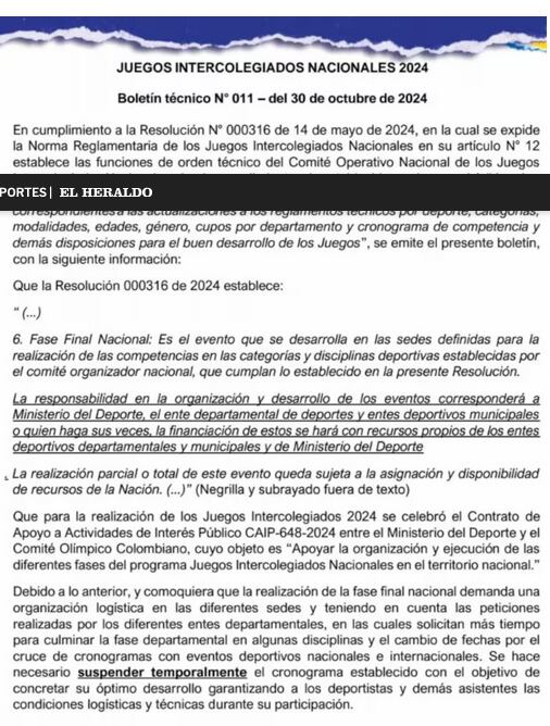 El boletín sobre los Juegos Intercolegiados 2024