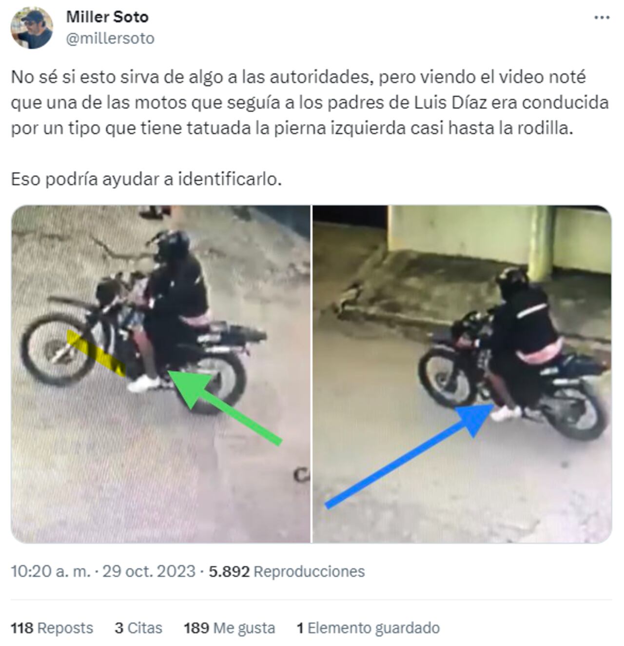 Publicación del abogado Miller Soto sobre el tatuaje de uno de los secuestradores