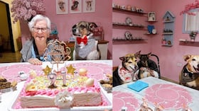 A los 91 años, una mujer elige la compañía de sus mascotas para su cumpleaños