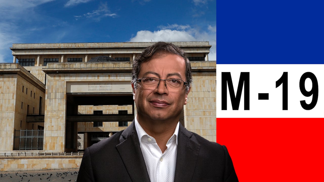 Gustavo Petro, bandera del M-19 y el Palacio Justicia.