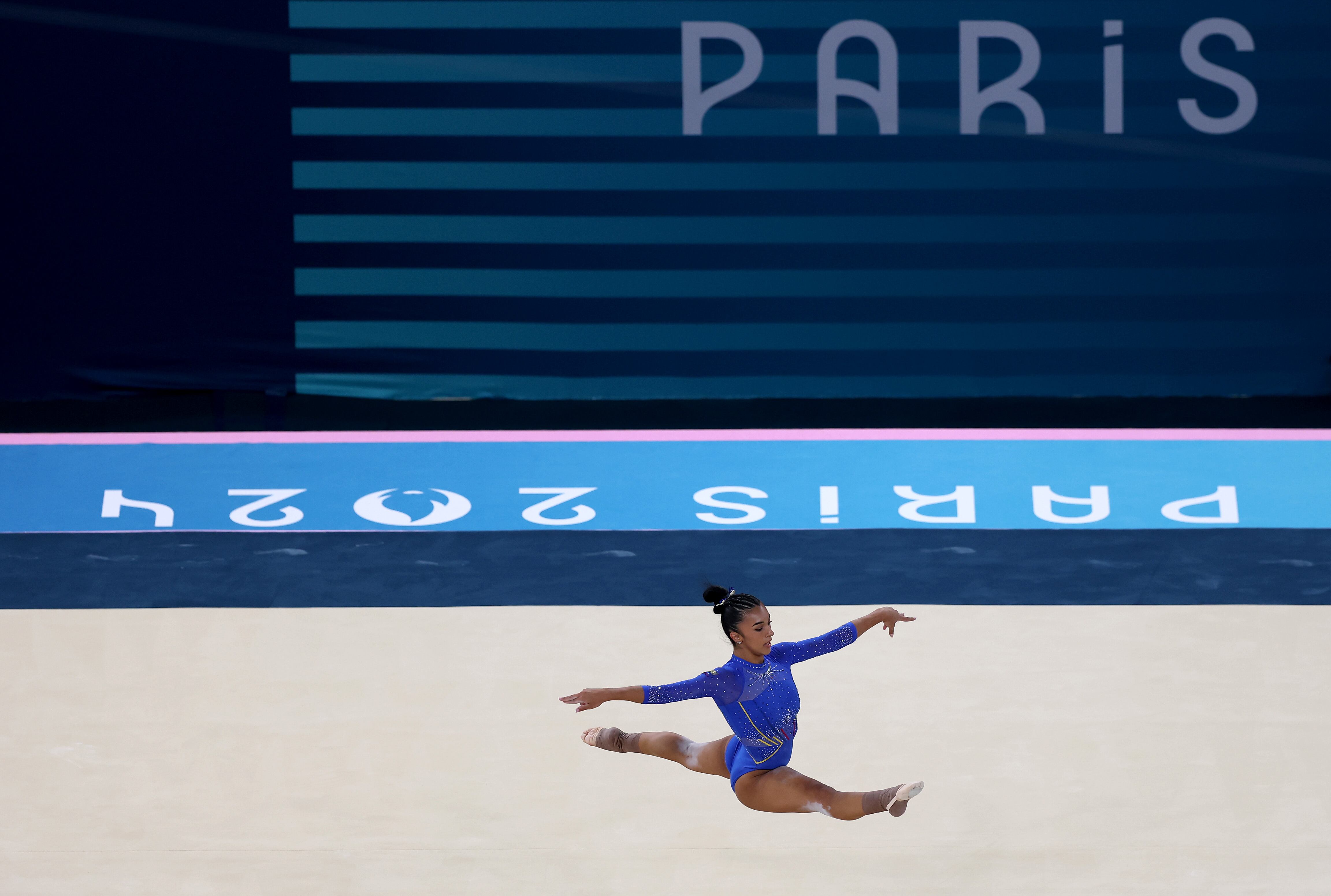 PARIS, FRANCE - JULY 28: Luisa Blanco of Team Colombia competes in the floor exercise during the Artistic Gymnastics Women's Qualification on day two of the Olympic Games Paris 2024 at Bercy Arena on July 28, 2024 in Paris, France. (Photo by Jamie Squire/Getty Images)