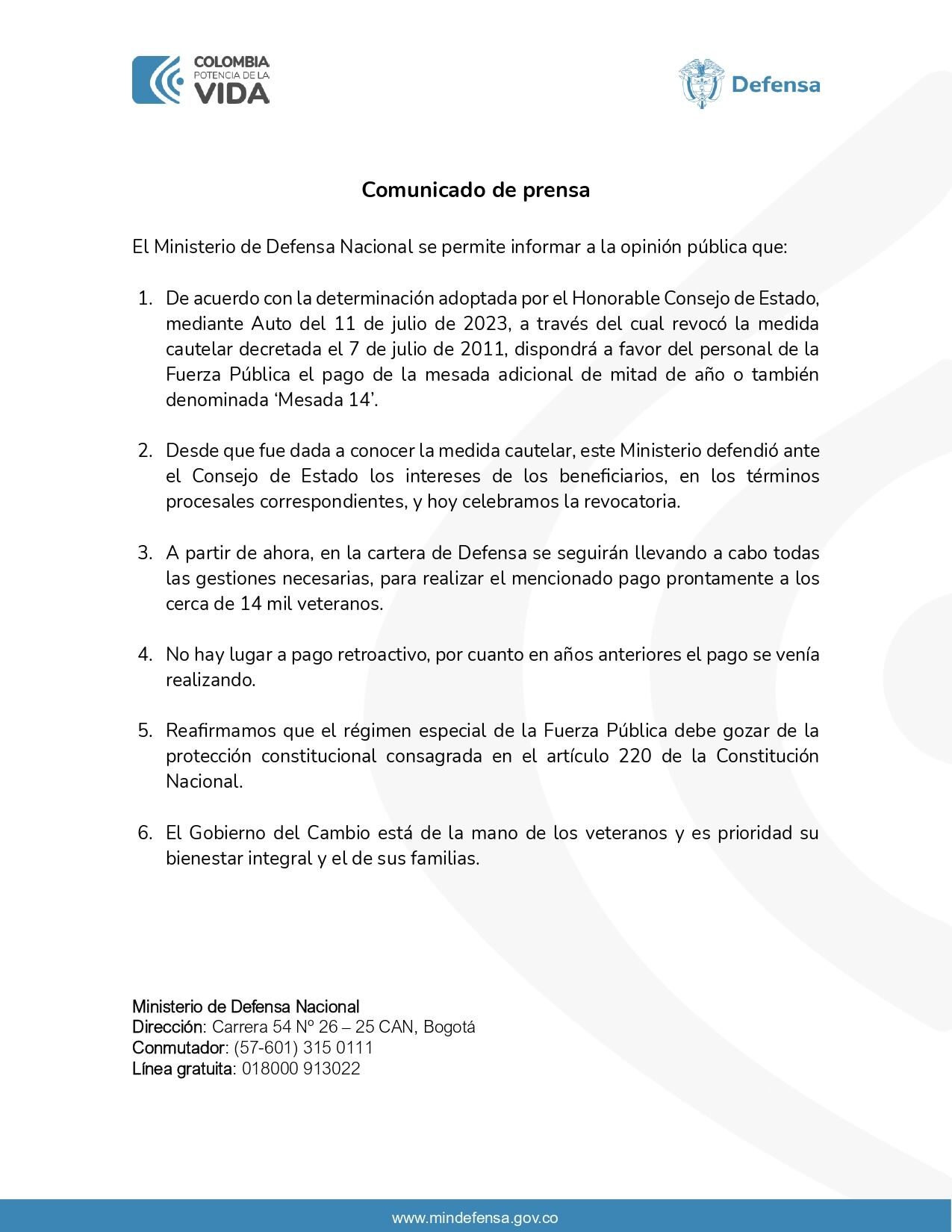 MinDefensa sobre mesada 14 para veteranos y heridos en combate