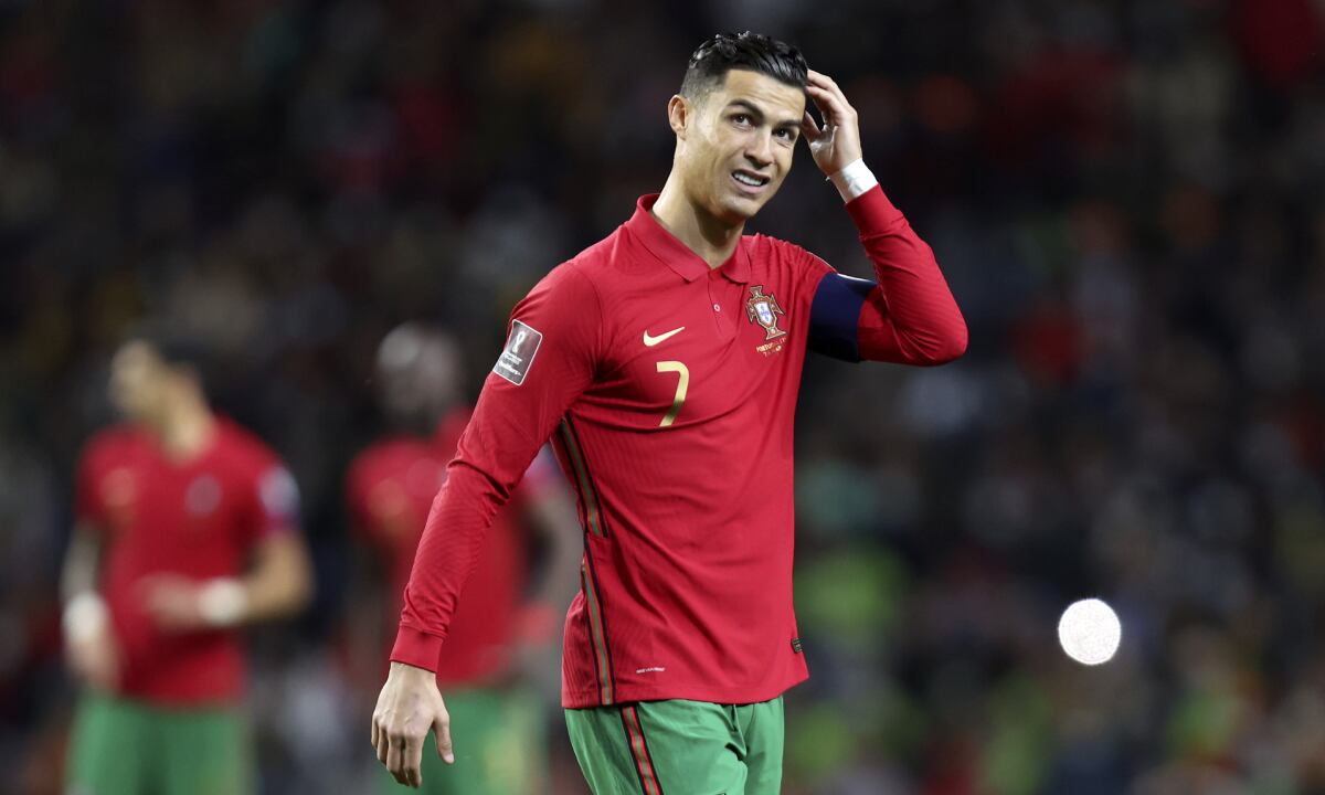 Portugal's Cristiano Ronaldo reacts during the World Cup 2022 playoff soccer match between Portugal and Turkey, at the Dragao stadium in Porto, Portugal, Thursday, March 24, 2022. (AP/Luis Vieira)