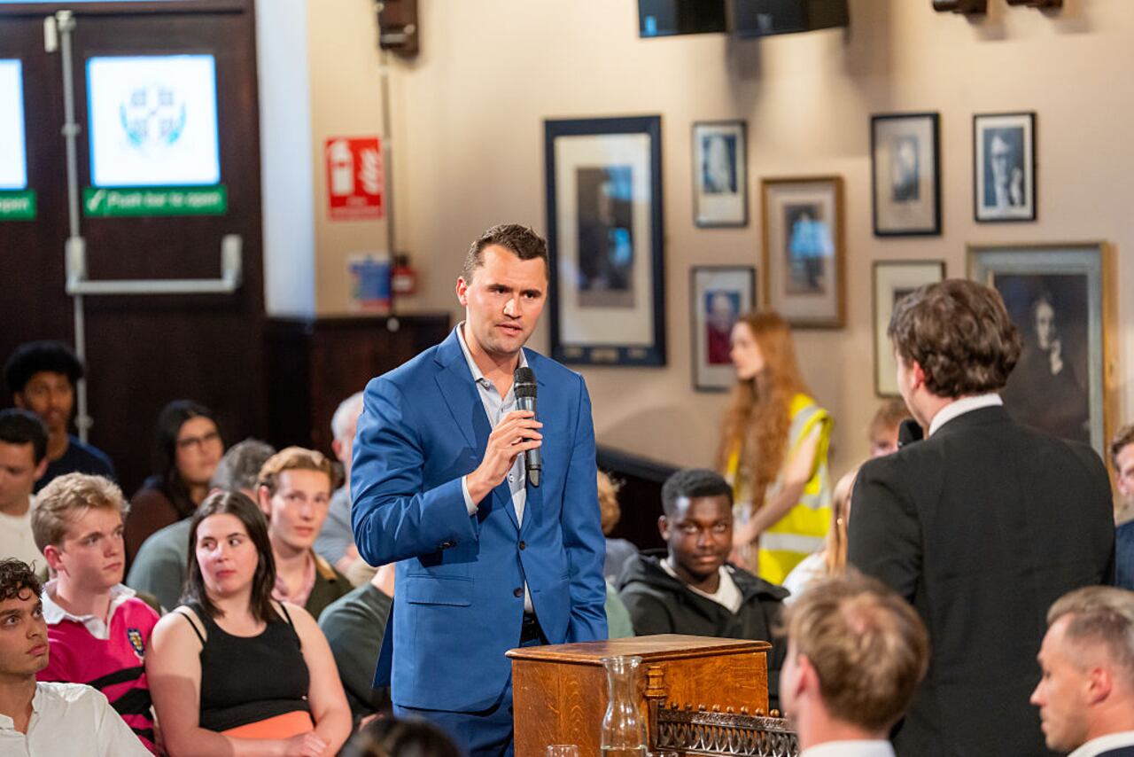 CAMBRIDGE, CAMBRIDGESHIRE - MAY 19: Charlie Kirk debates with students at The Cambridge Union on May 19, 2025 in Cambridge, Cambridgeshire. (Photo by Nordin Catic/Getty Images for The Cambridge Union)