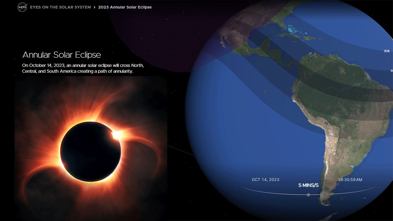 Animación de la Nasa revela cómo pasará por Colombia el eclipse de Sol del próximo 14 de octubre