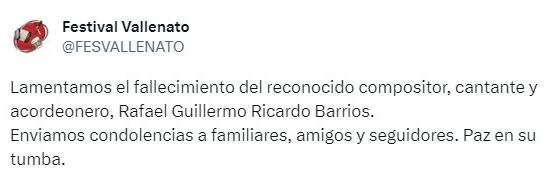 Organización Festival Vallenato lamentó la muerte de Rafael Ricardo.