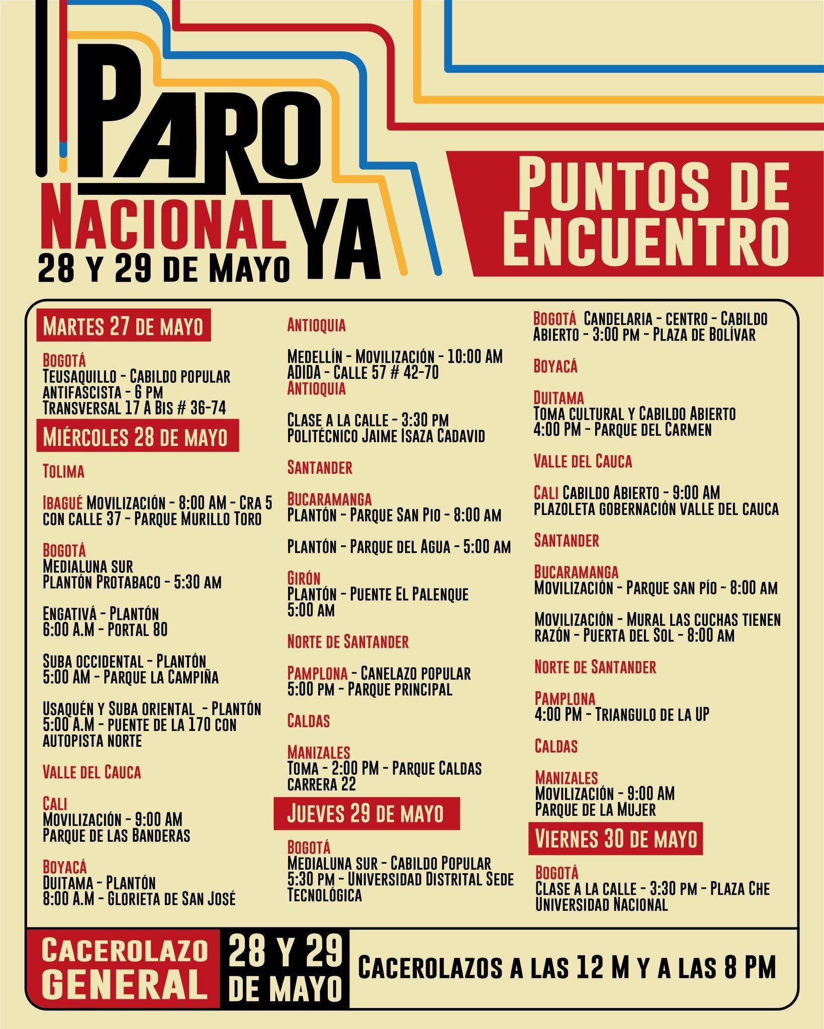 Programación del paro nacional para el 29 de mayo.