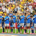 VANCOUVER, CANADA - JULY 7: Colombian players stand for their national anthem before the FIFA World Cup 2026 Round Of 16 match between Switzerland and Colombia at BC Place Vancouver on July 7, 2026 in Vancouver, Canada. (Photo by Christopher Morris/ISI Photos/ISI Photos via Getty Images)