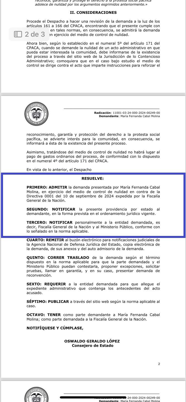 El Consejo de Estado admitió para su estudio la demanda presentada por la senadora María Fernanda Cabal.