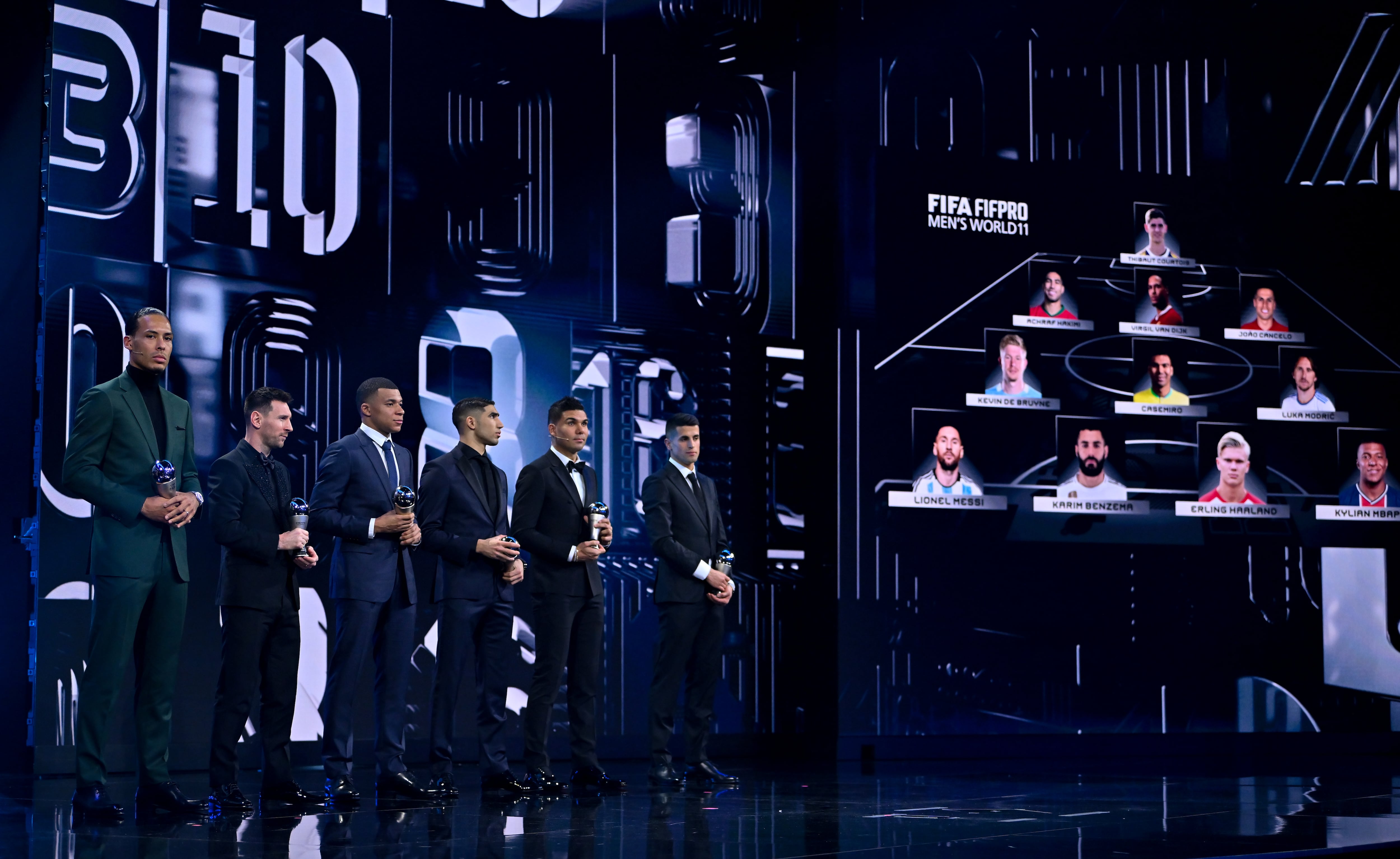 PARIS, FRANCE - FEBRUARY 27: Players included in the FIFA FIFPRO Men's World 11 2022 squad, from left, Virgil van Dijk, Lionel Messi, Kylian Mbappe, Achraf Hakimi, Casemiro and Joao Cancelo with their trophies during The Best FIFA Football Awards 2022 at Salle Pleyel on February 27, 2023 in Paris, France. (Photo by Brendan Moran - FIFA/FIFA via Getty Images)