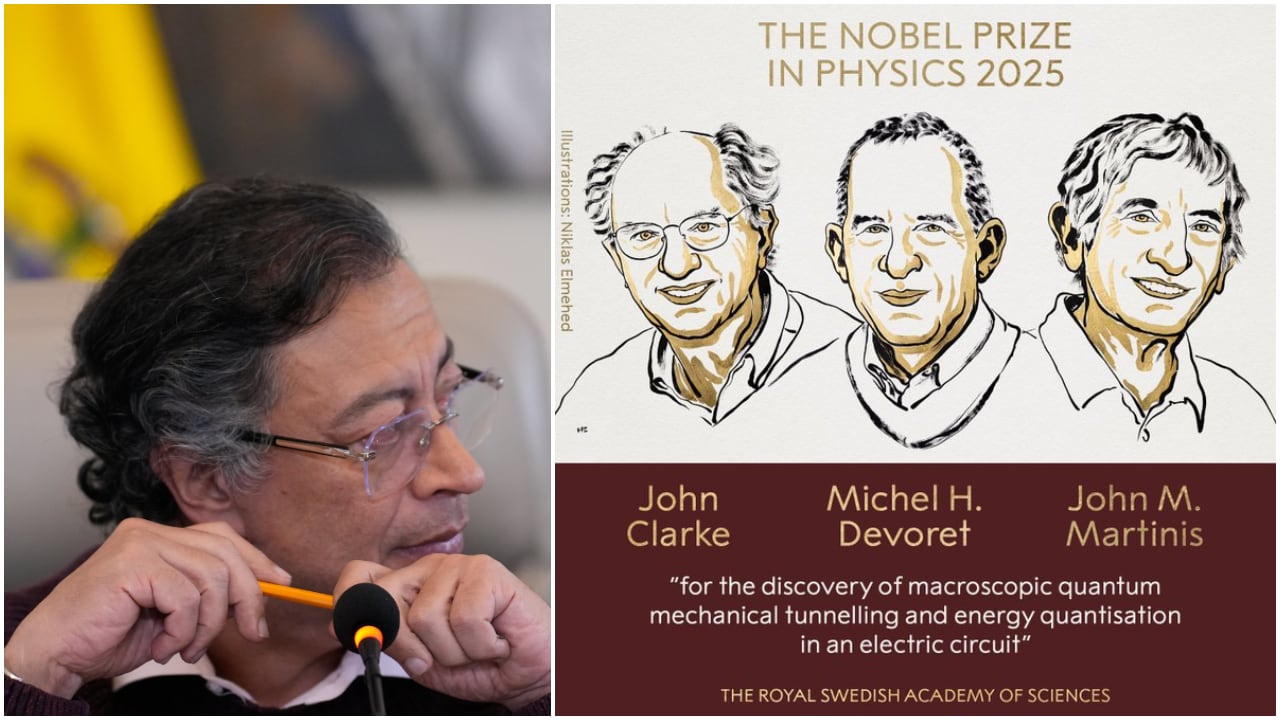 De izquierda a derecha, el presidente de Colombia, Gustavo Petro; el británico John Clarke, el francés Michel H. Devoret y el estadounidense John M. Martinis, ganadores del Premio Nobel de Física 2025