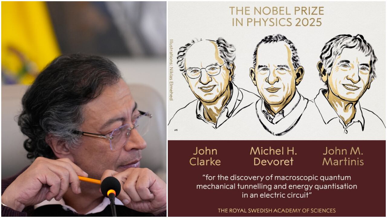 De izquierda a derecha, el presidente de Colombia, Gustavo Petro; el británico John Clarke, el francés Michel H. Devoret y el estadounidense John M. Martinis, ganadores del Premio Nobel de Física 2025