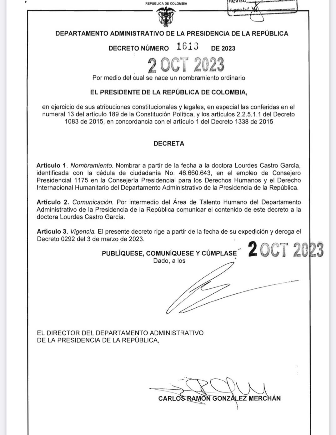 Decreto consejera Presidencial de Derechos Humanos