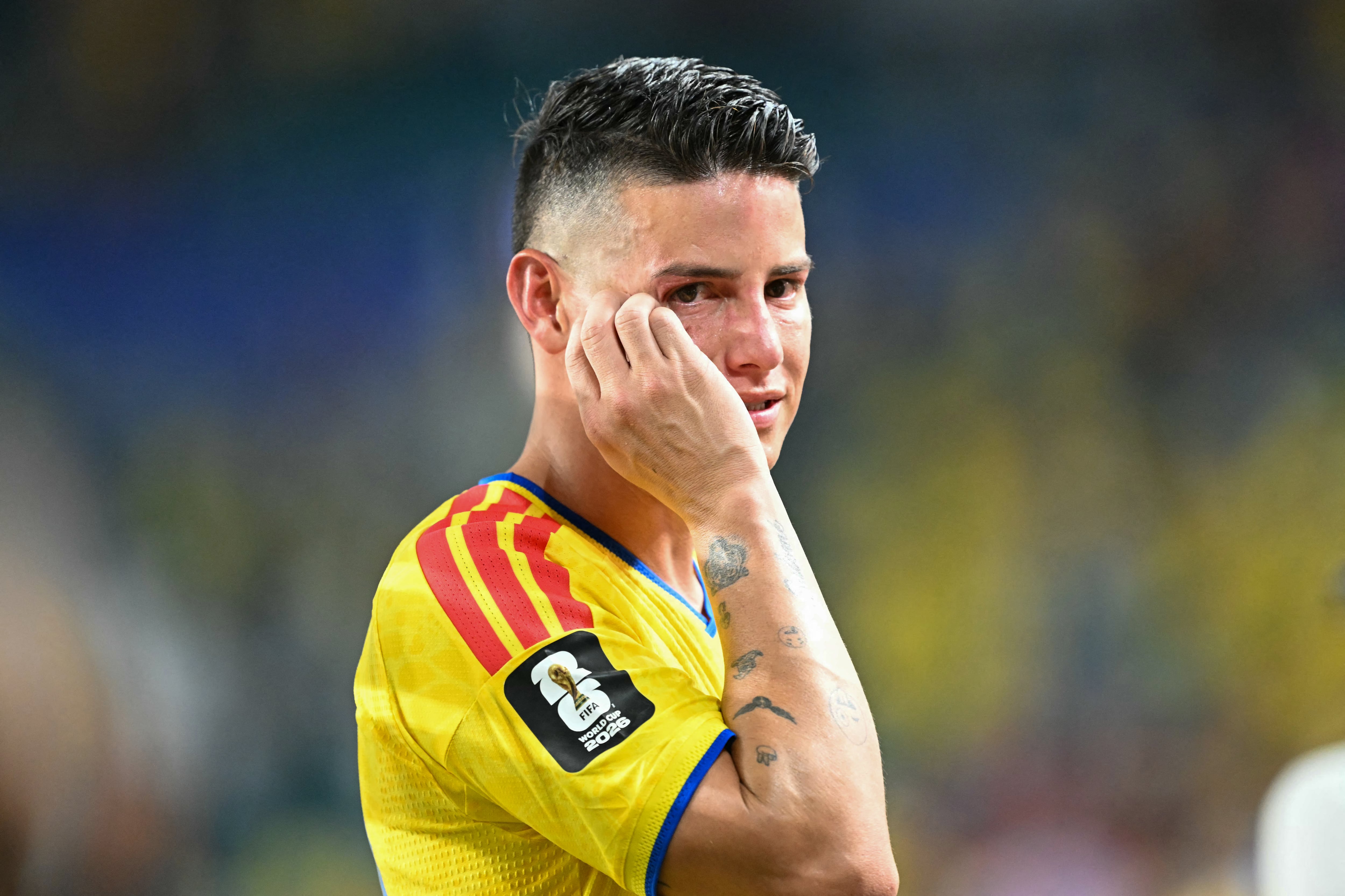 Colombia's midfielder #10 James Rodriguez reacts after the 2026 World Cup Group K football match between Colombia and Portugal at the Miami Stadium in Miami Gardens on June 27, 2026. (Photo by CHANDAN KHANNA / AFP)
