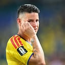 Colombia's midfielder #10 James Rodriguez reacts after the 2026 World Cup Group K football match between Colombia and Portugal at the Miami Stadium in Miami Gardens on June 27, 2026. (Photo by CHANDAN KHANNA / AFP)
