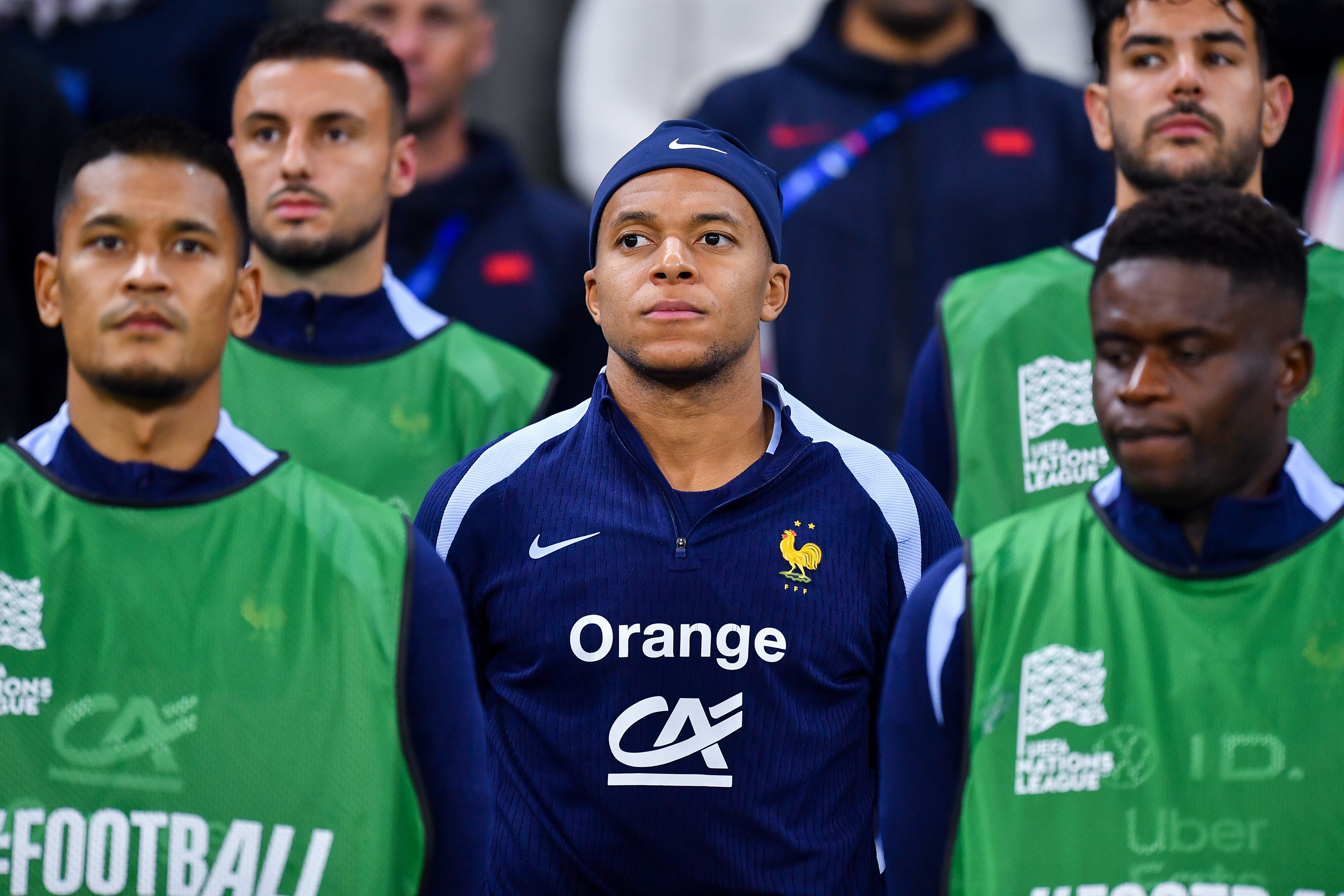 DECINES-CHARPIEU, FRANCE - SEPTEMBER 09: Kylian Mbappe of France on the substitute bench prior to the UEFA Nations League 2024/25 League A Group A2 match between France and Belgium at  on September 09, 2024 in Decines-Charpieu, France. (Photo by Franco Arland/Getty Images)