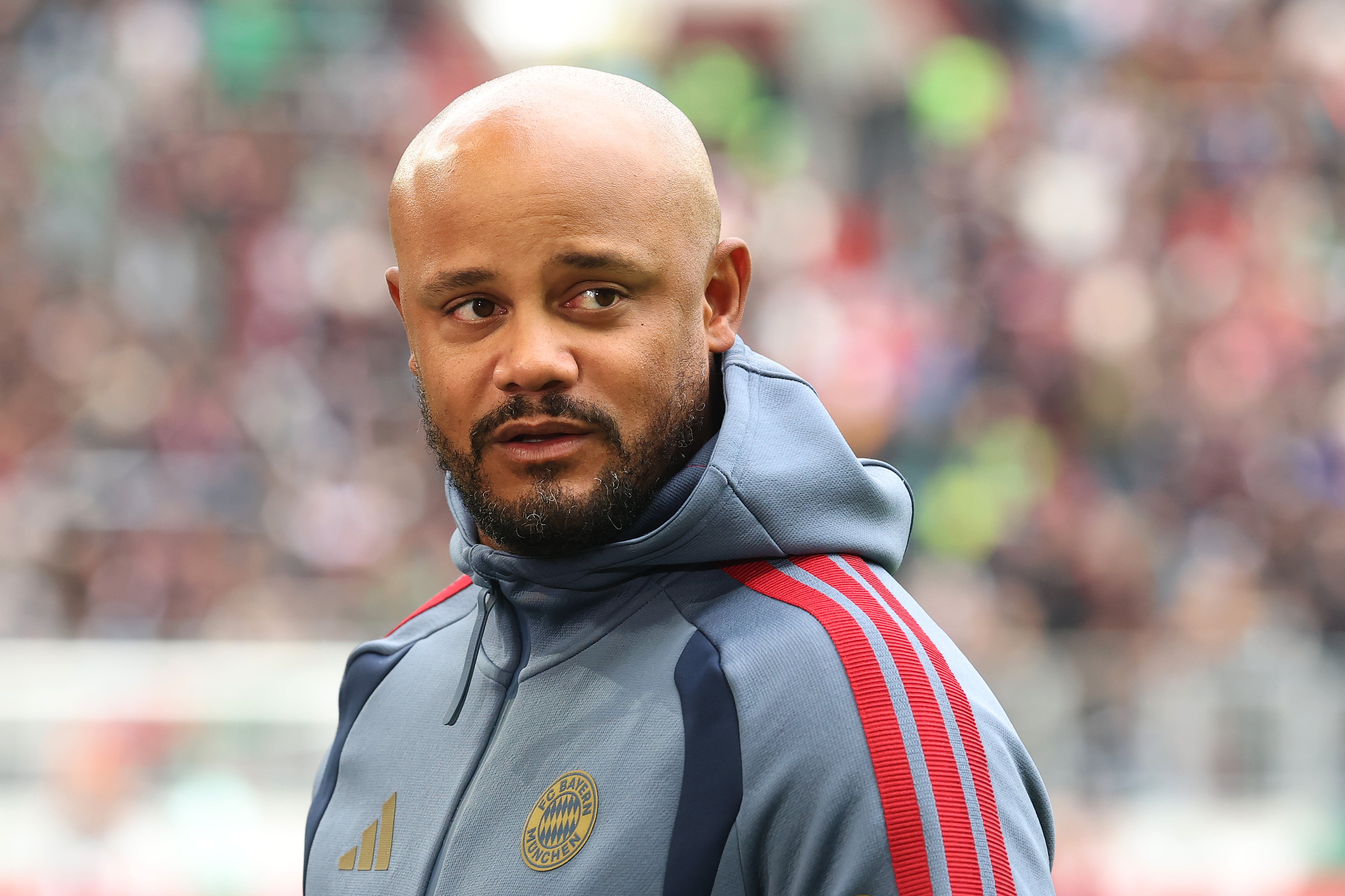 AUGSBURG, GERMANY - OCTOBER 10: Vincent Kompany, head coach of FC Bayern München looks on prior to the Bundesliga 2026/27 match between FC Augsburg and FC Bayern München at WWK Arena on October 10, 2026 in Augsburg, Germany. (Photo by Alexander Hassenstein/Getty Images)