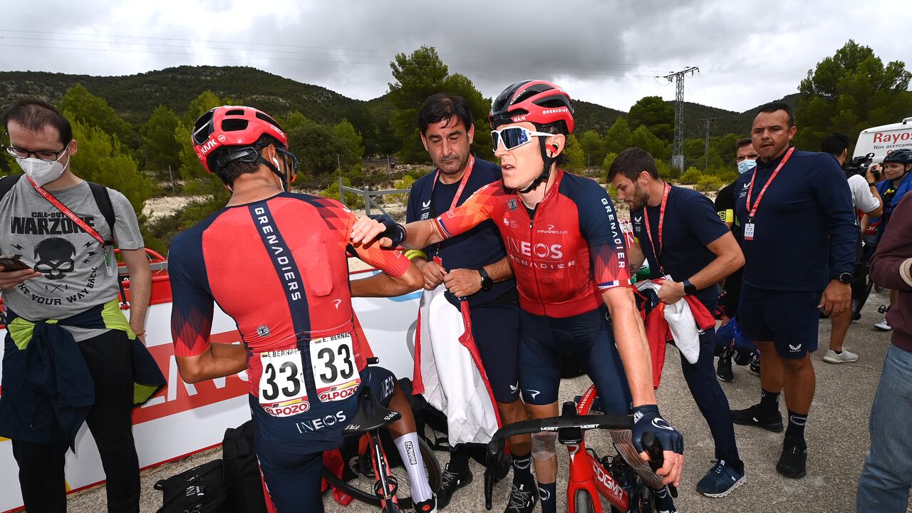 XORRET DE CATÍ. COSTA BLANCA INTERIOR, SPAIN - SEPTEMBER 02: (L-R) Egan Bernal of Colombia and Geraint Thomas of The United Kingdom and Team INEOS Grenadiers react after the 78th Tour of Spain 2023, Stage 8 a 165km stage from Dénia to Xorret de Catí. Costa Blanca Interior 905m / #UCIWT / on September 02, 2023 in Xorret de Catí. Costa Blanca Interior, Spain. (Photo by Tim de Waele/Getty Images)