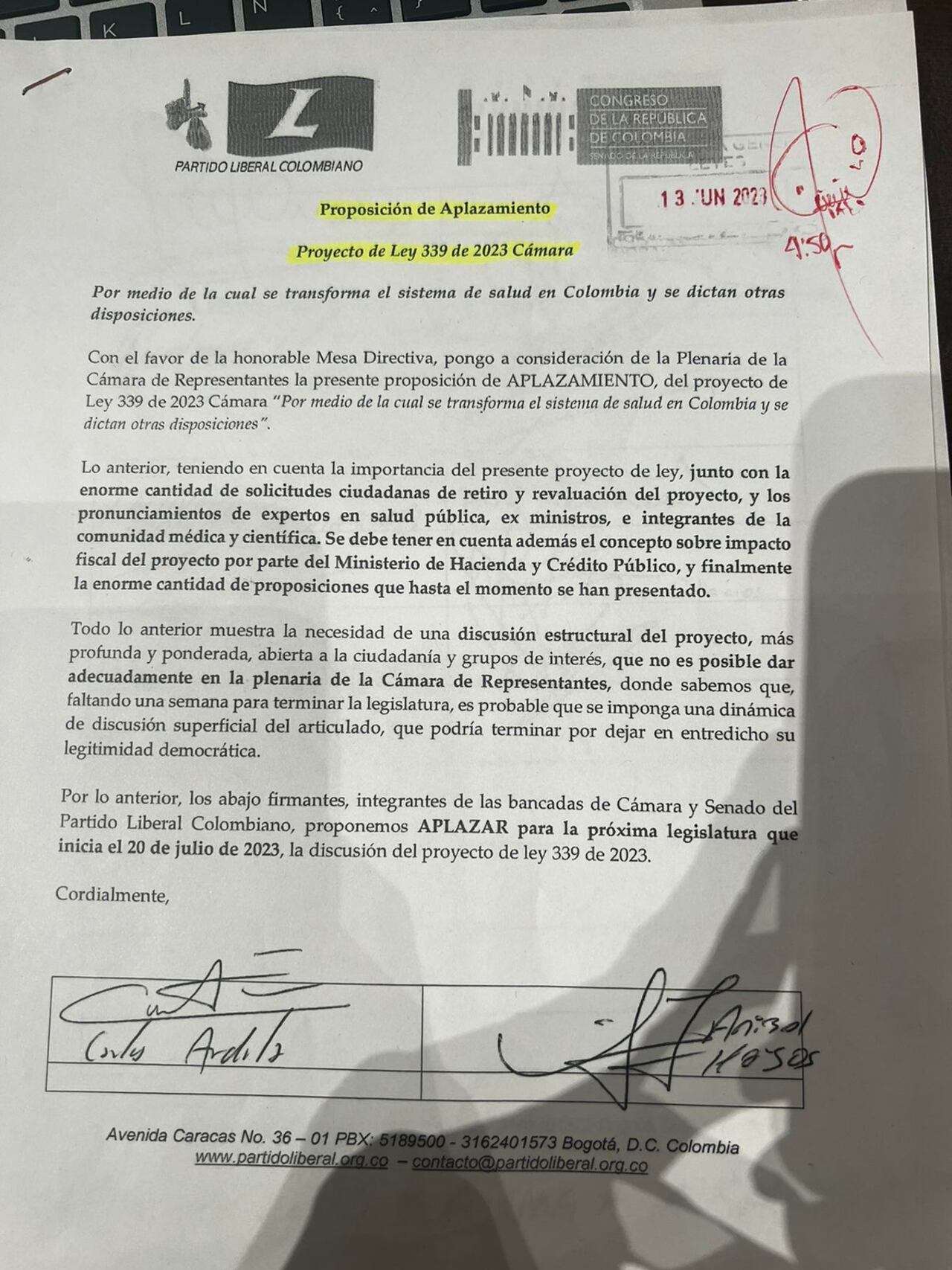 Proposición de aplazamiento del Partido Liberal.