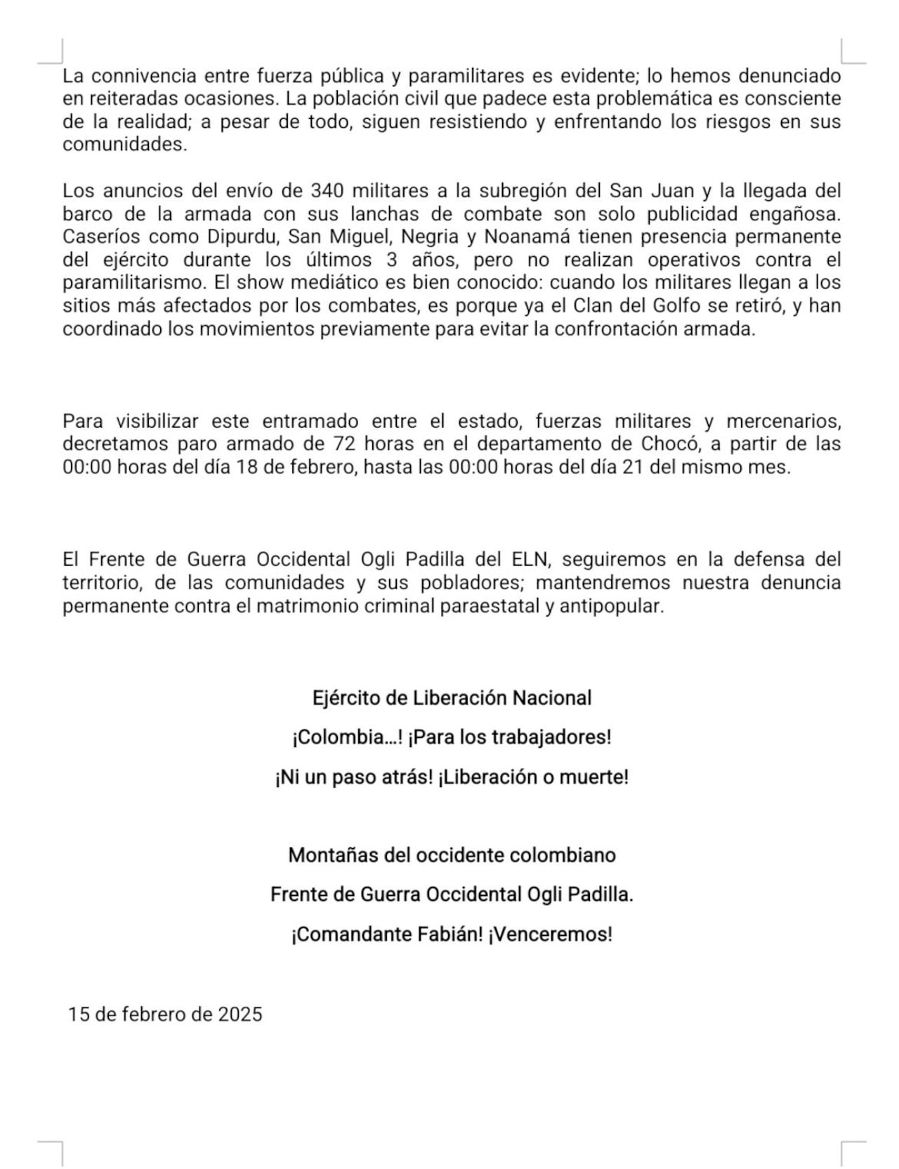Este es el comunicado con el que el ELN anunció el paro armado en el Chocó. Página 2.