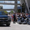 The motorcade carrying former President Donald Trump arrives at the Wilkie D. Ferguson Jr. U.S. Courthouse, Tuesday, June 13, 2023, in Miami. Trump is making a federal court appearance on dozens of felony charges accusing him of illegally hoarding classified documents and thwarting the Justice Department's efforts to get the records back. (AP Photo/Lynne Sladky)