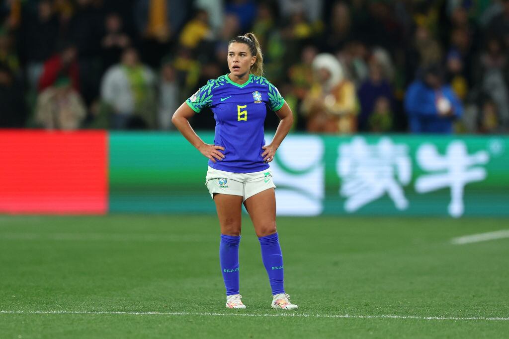 MELBOURNE, AUSTRALIA - AUGUST 02: Tamires of Brazil looks dejected after the team's draw and elimination from the tournament during the FIFA Women's World Cup Australia & New Zealand 2023 Group F match between Jamaica and Brazil at Melbourne Rectangular Stadium on August 02, 2023 in Melbourne, Australia. (Photo by Robert Cianflone/Getty Images)