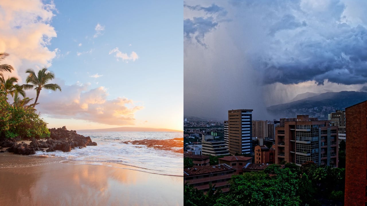 La imagen contrasta una jornada soleada en una zona costera con una fuerte lluvia sobre una ciudad, reflejando las condiciones meteorológicas variables que pueden presentarse en distintas regiones del país.