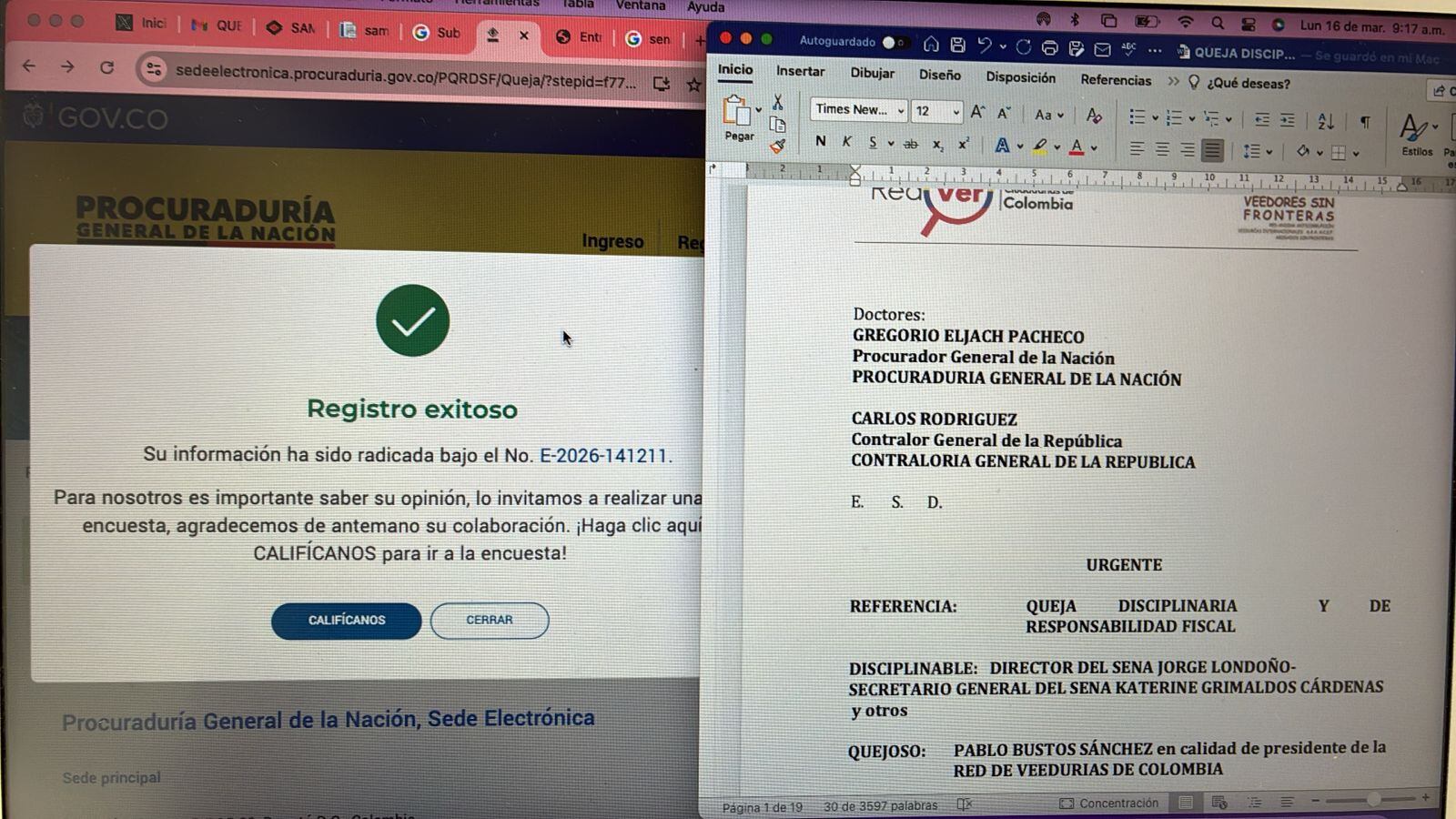 Red de Veedurías de Colombia radica queja formal ante la Procuraduría por presuntas irregularidades en millonaria contratación de seguridad privada del Sena