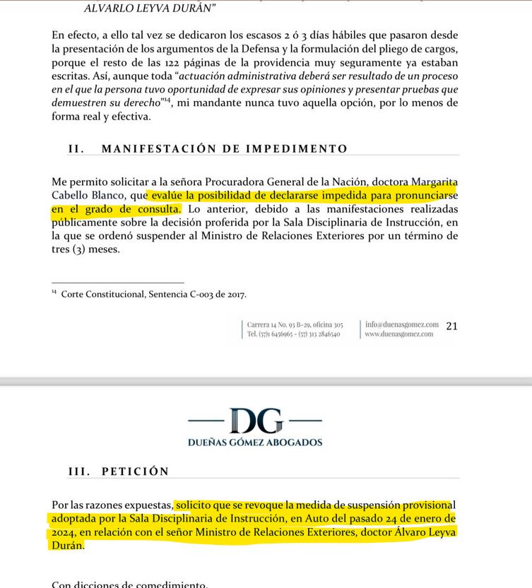 Álvaro Leyva Durán le pidió a la Procuraduría levantar la suspensión en su contra.
