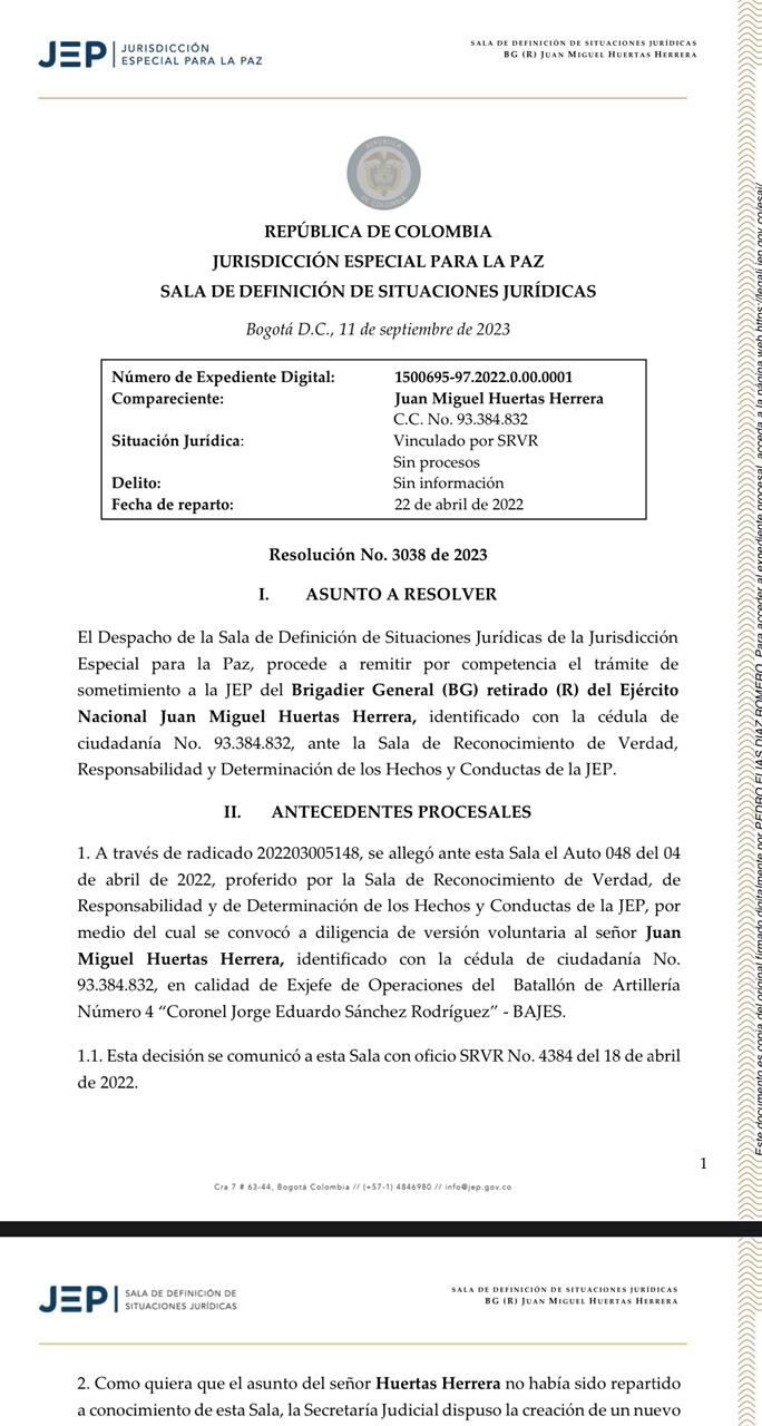 El general (r) Juan Miguel Huertas fue sometido a la Justicia Especial de Paz, según los documentos del tribunal de justicia transicional.