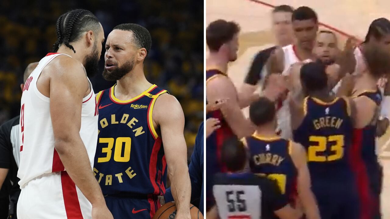 Steph Curry encarando a Dillion Brooks en el partido de Warriors vs. Rockets