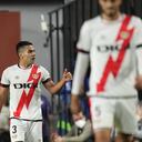 Rayo's Radamel Falcao, left, celebrates after scoring his side's opening goal during a Spanish La Liga soccer match between Rayo Vallecano and FC Barcelona at the Vallecas stadium in Madrid, Spain, Wednesday, Oct. 27, 2021. (AP Photo/Manu Fernandez)