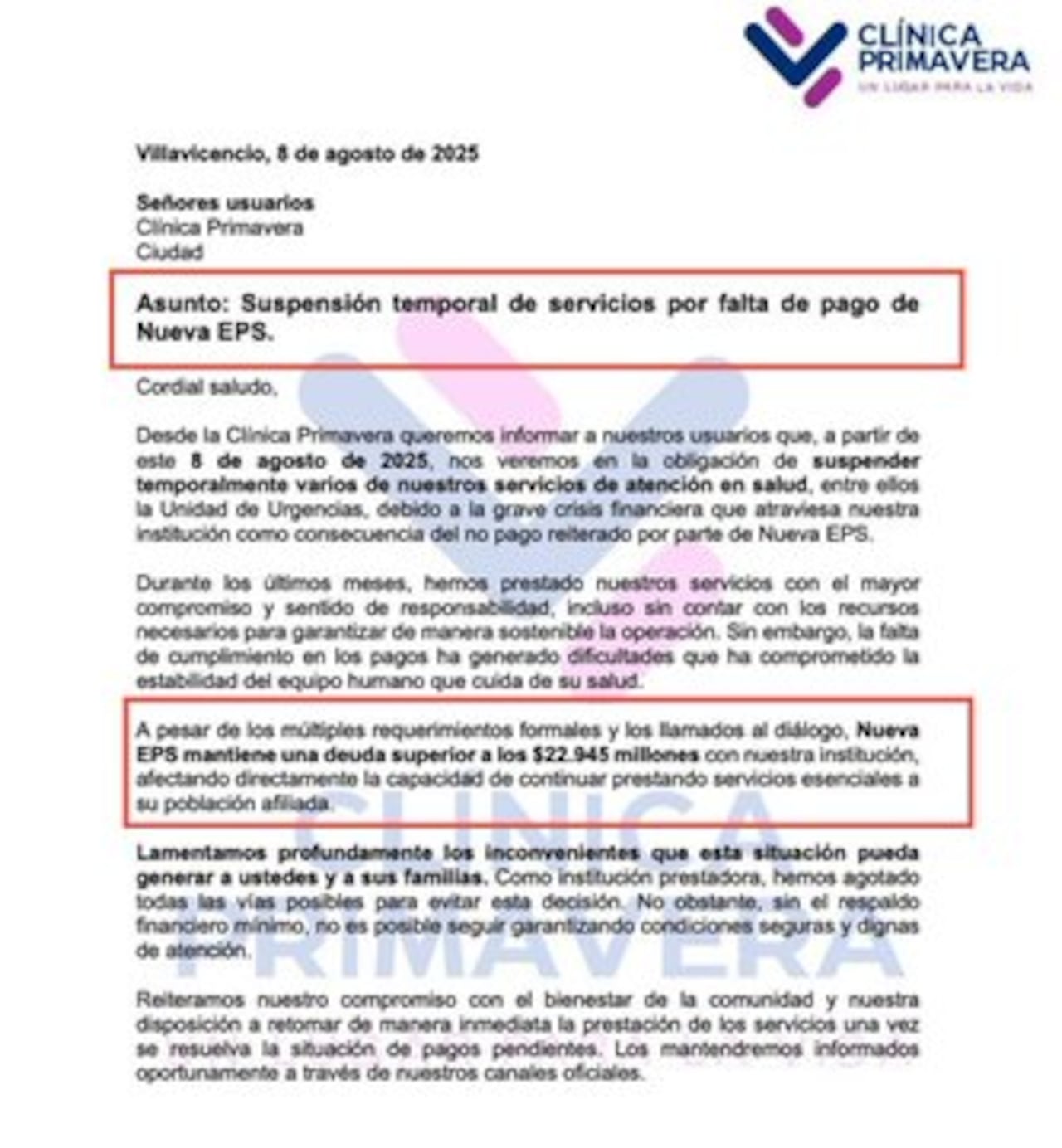 Comunicado Clínica Primavera