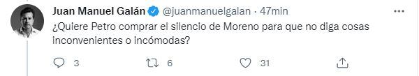 Mensaje de Juan Manuel Galán en su cuenta de Twitter