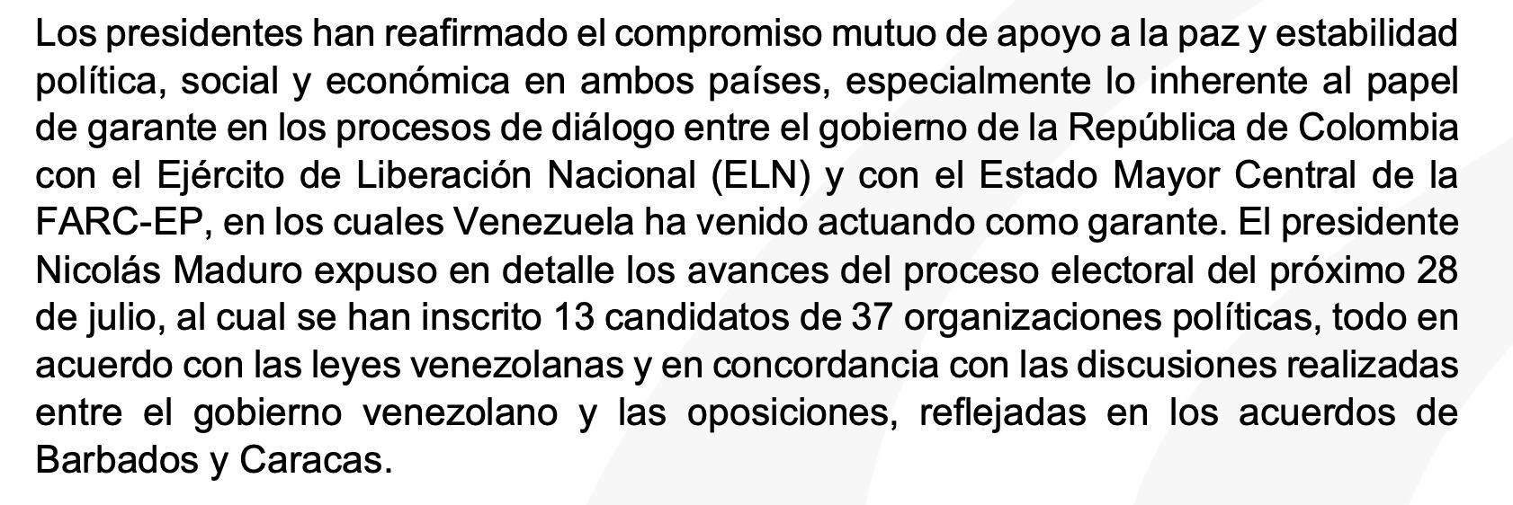 Declaración conjunta de Gustavo Petro y Nicolás Maduro.