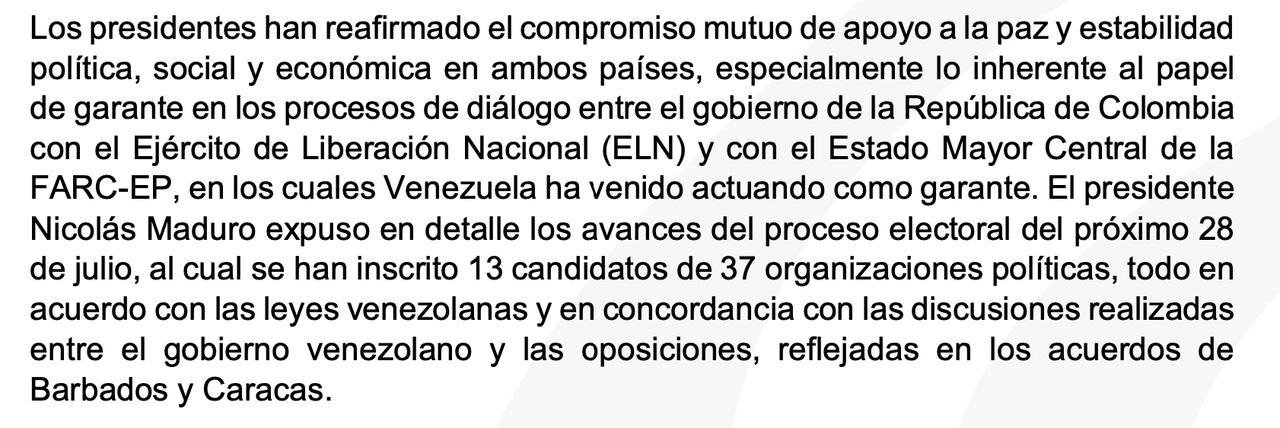 Declaración conjunta de Gustavo Petro y Nicolás Maduro.