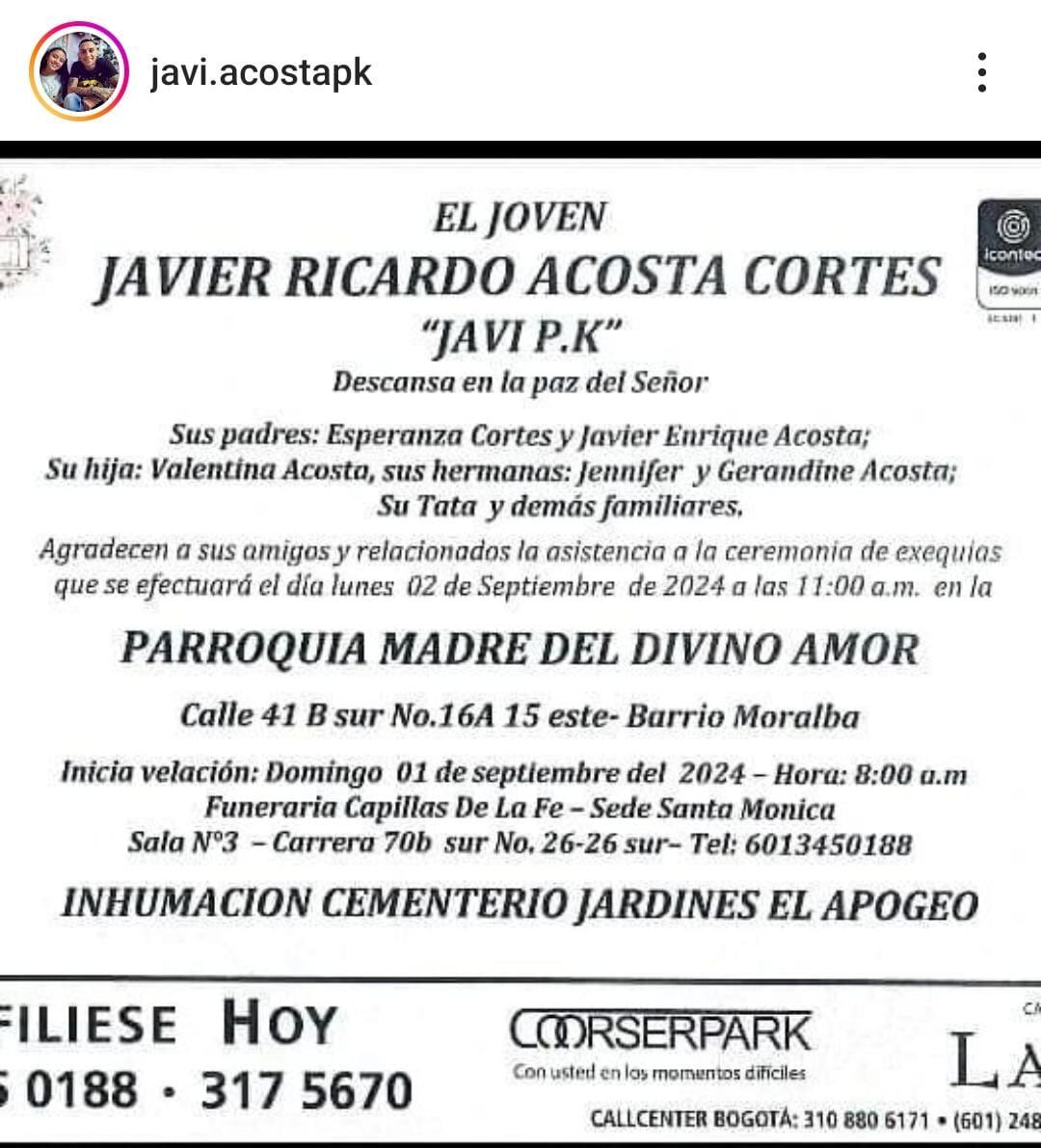 Obituario de las exequias de Javier Acosta.