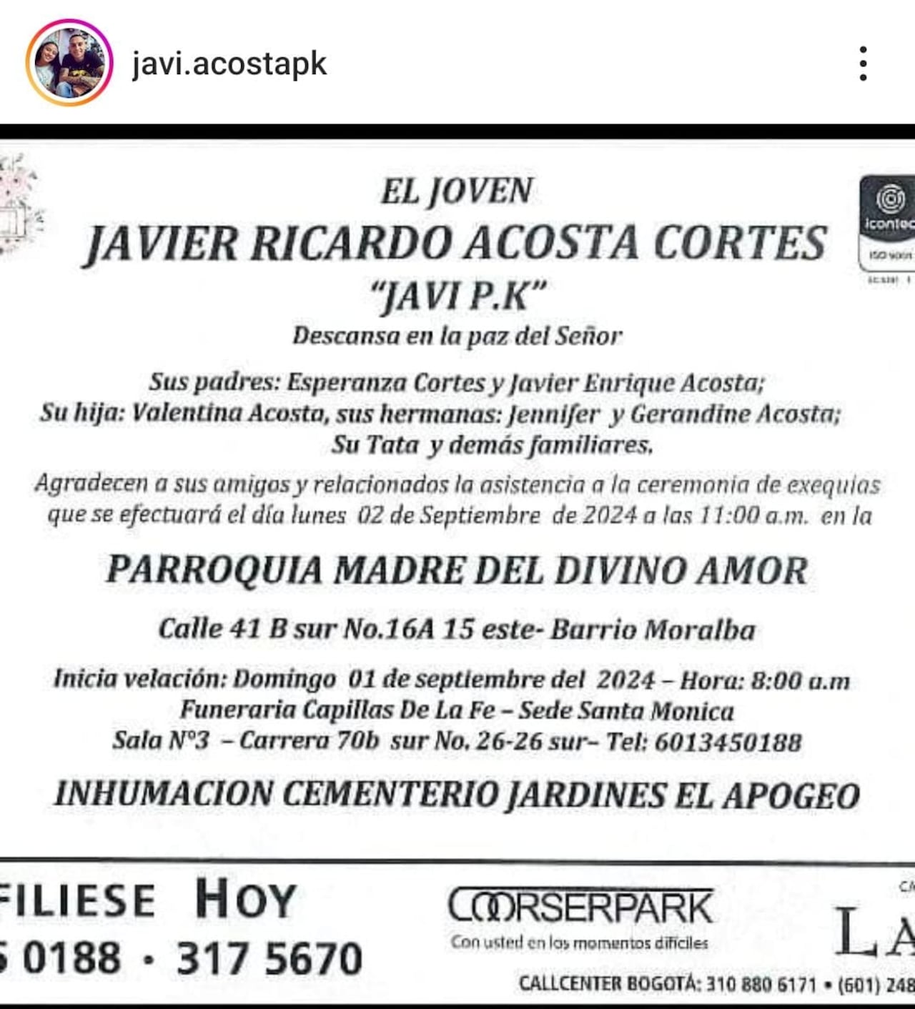 Obituario de las exequias de Javier Acosta.
