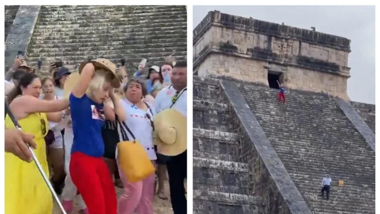 Mujer es agredida por subir a una de las piramides de Chichén Itza pese a estar prohibido.
