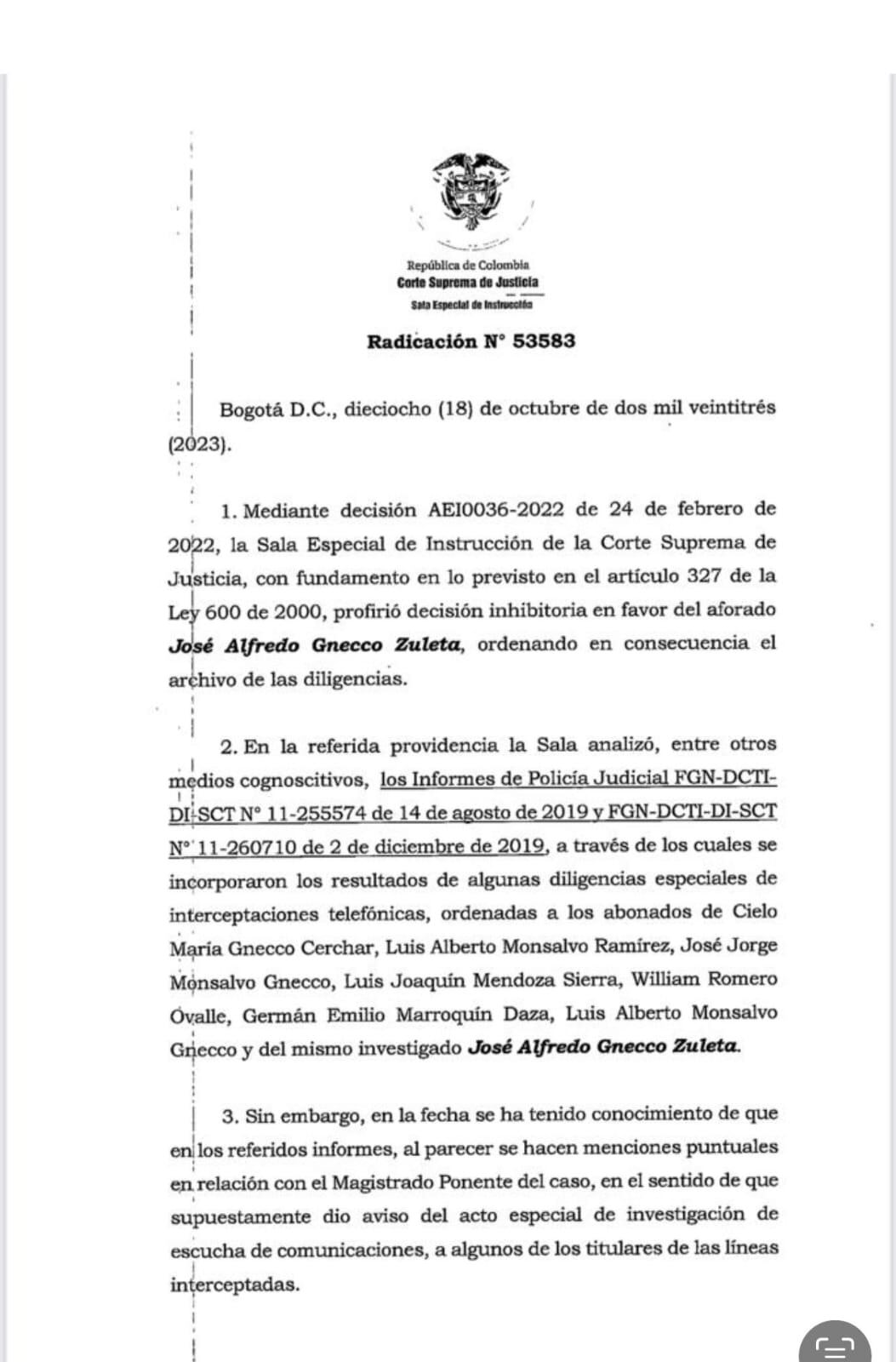 Estalla escándalo en la sala de instrucción de la Corte. Revelan que a Cielo Gnecco le avisaron que ella y su sobrino estaban interceptados.