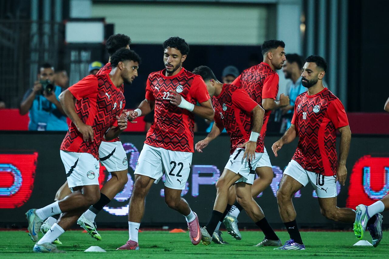 Mohamed Salah and Omar Marmoush of Egypt stand before the FIFA World Cup African qualifiers Match Group A between Egypt and Ethiopia at Cairo International Stadium in Cairo, Egypt, on September 5, 2025. (Photo by Ayman Aref/NurPhoto via Getty Images)
