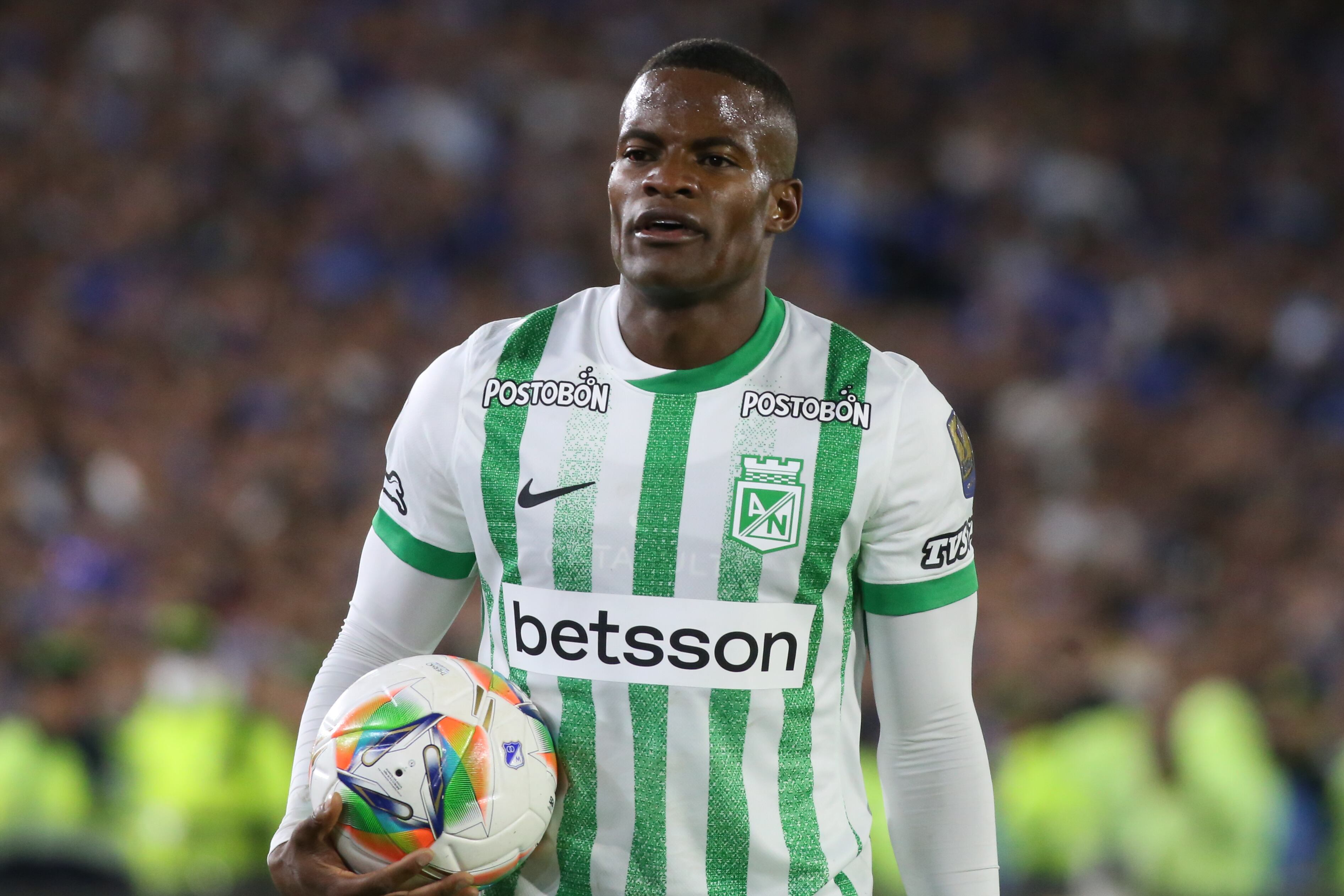 Andres Roman of Atletico Nacional plays during the match between Millonarios F.C. and Atletico Nacional on Matchday 13 of the BetPlay League DIMAYOR I 2025, at the Nemesio Camacho El Campin Stadium in Bogota, Colombia. (Photo by Daniel Garzon Herazo/NurPhoto via Getty Images)