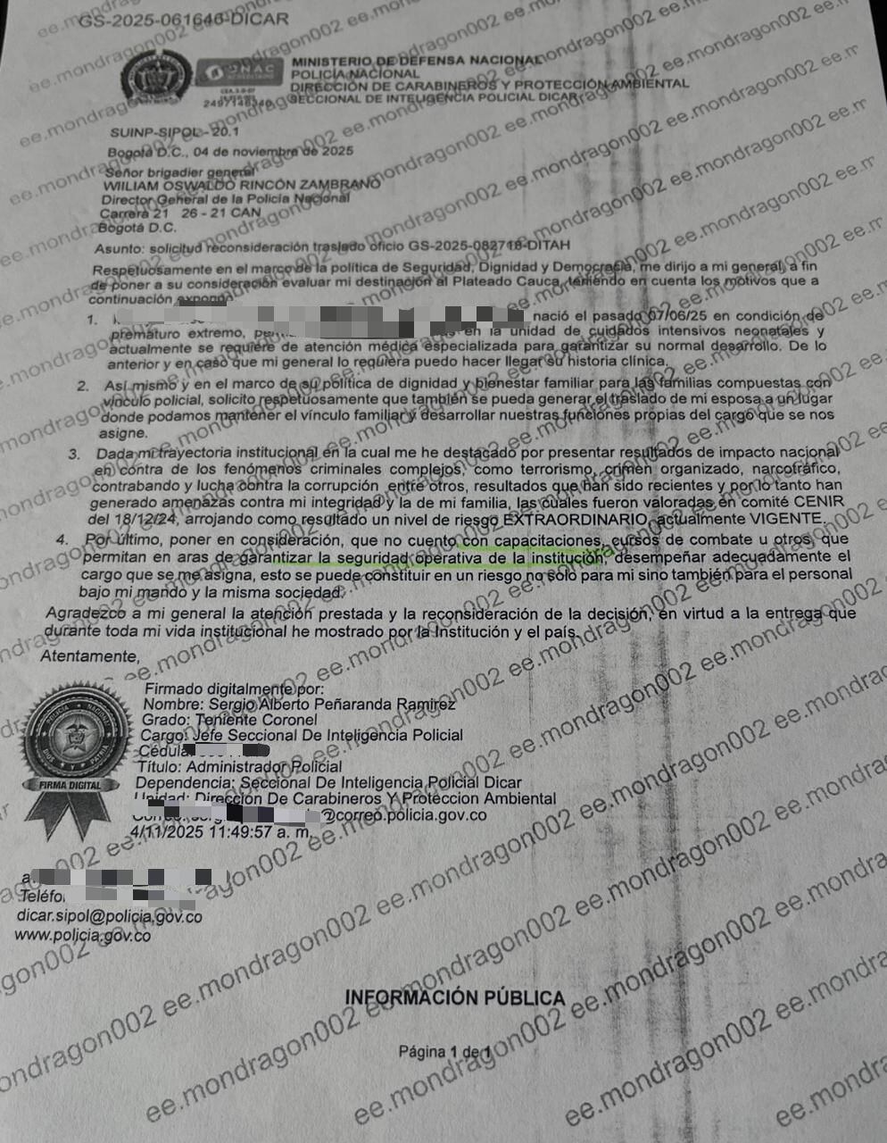 Este el documento del coronel Peñaranda reconociendo con no está capacitado para asumir un nuevo de inteligencia. cargo dentro de la Policía