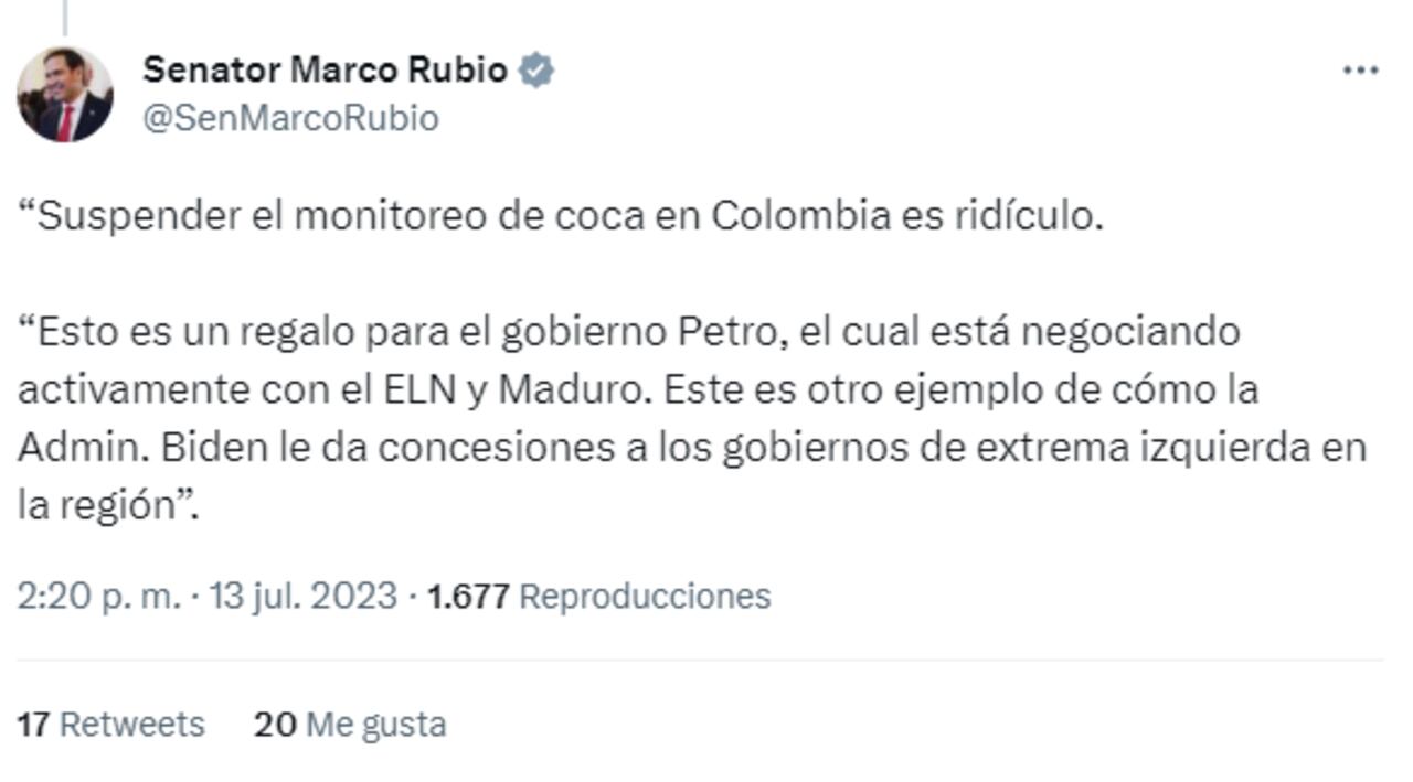 Trino de Marco Rubio sobre suspensión del monitoreo de drogas